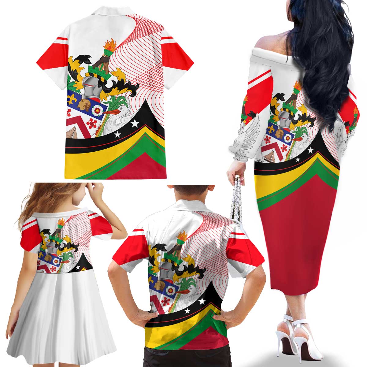 Saint Kitts and Nevis Family Matching Off The Shoulder Long Sleeve Dress and Hawaiian Shirt with Vibrant Flag Colors and Hibiscus Flower Design - Wonder Print Shop