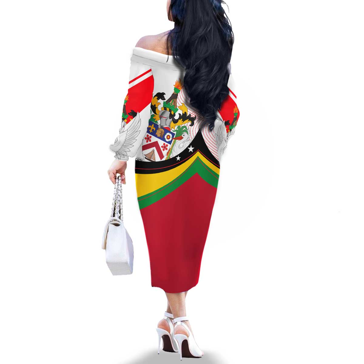 Saint Kitts and Nevis Family Matching Off The Shoulder Long Sleeve Dress and Hawaiian Shirt with Vibrant Flag Colors and Hibiscus Flower Design - Wonder Print Shop