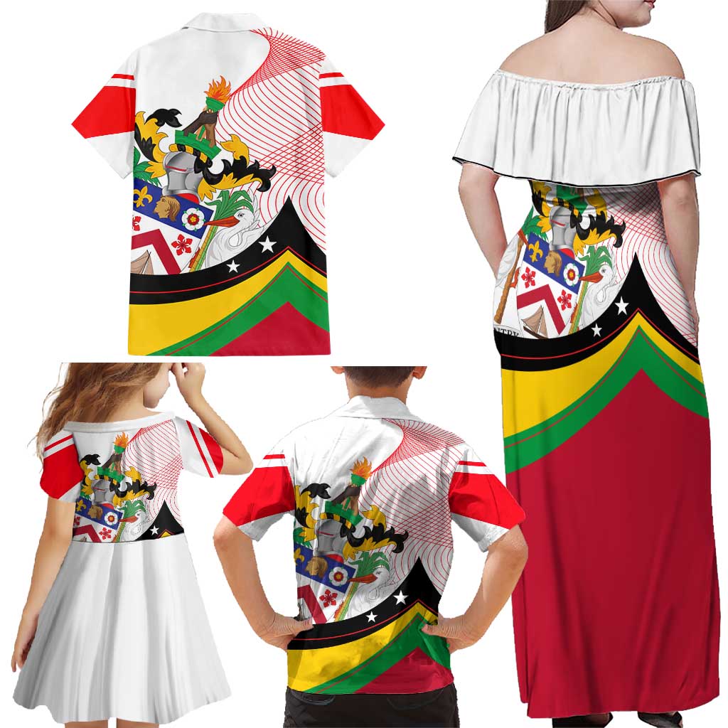 Saint Kitts and Nevis Family Matching Off Shoulder Maxi Dress and Hawaiian Shirt with Vibrant Flag Colors and Hibiscus Flower Design - Wonder Print Shop