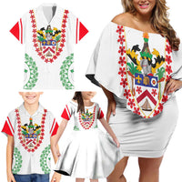 Saint Kitts and Nevis Family Matching Off Shoulder Short Dress and Hawaiian Shirt with Vibrant Flag Colors and Hibiscus Flower Design - Wonder Print Shop
