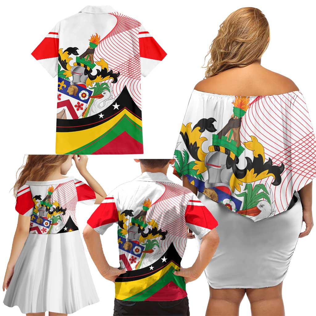 Saint Kitts and Nevis Family Matching Off Shoulder Short Dress and Hawaiian Shirt with Vibrant Flag Colors and Hibiscus Flower Design - Wonder Print Shop