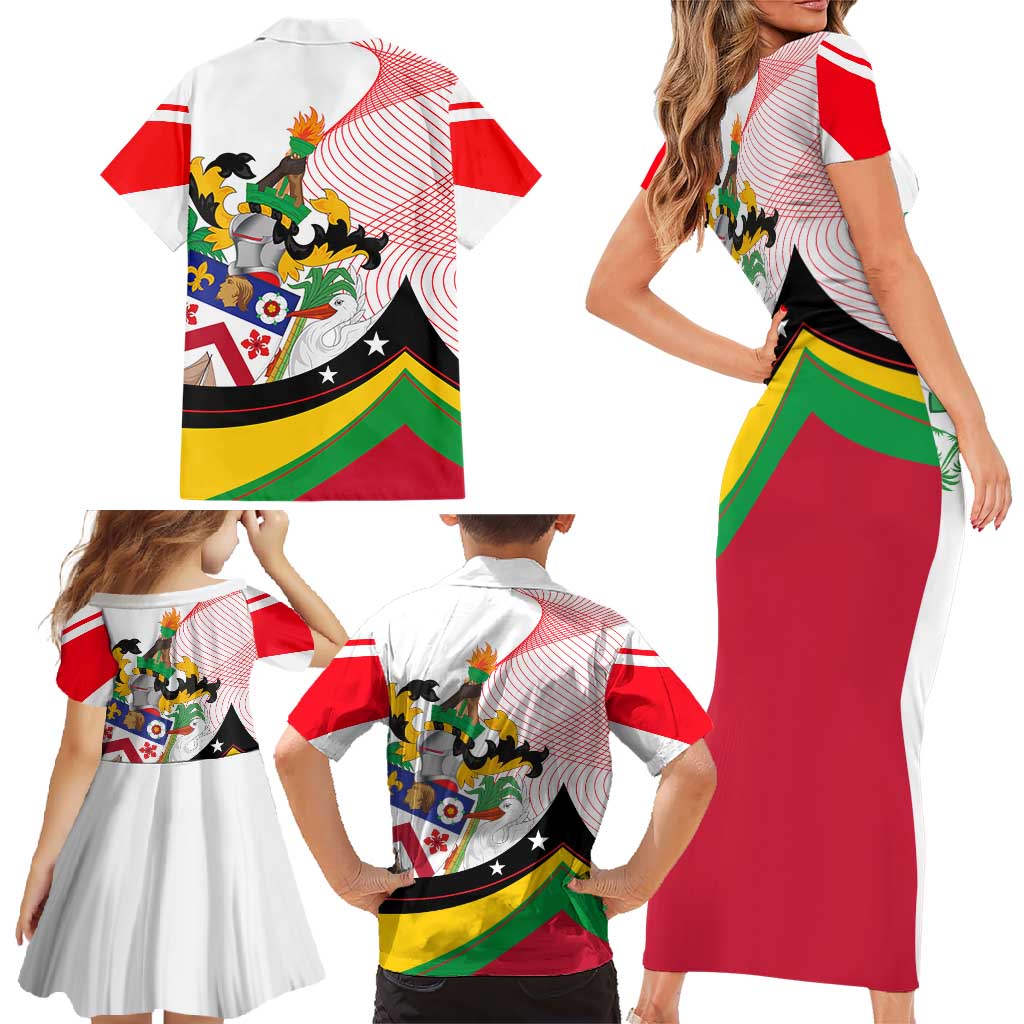 Saint Kitts and Nevis Family Matching Short Sleeve Bodycon Dress and Hawaiian Shirt with Vibrant Flag Colors and Hibiscus Flower Design - Wonder Print Shop