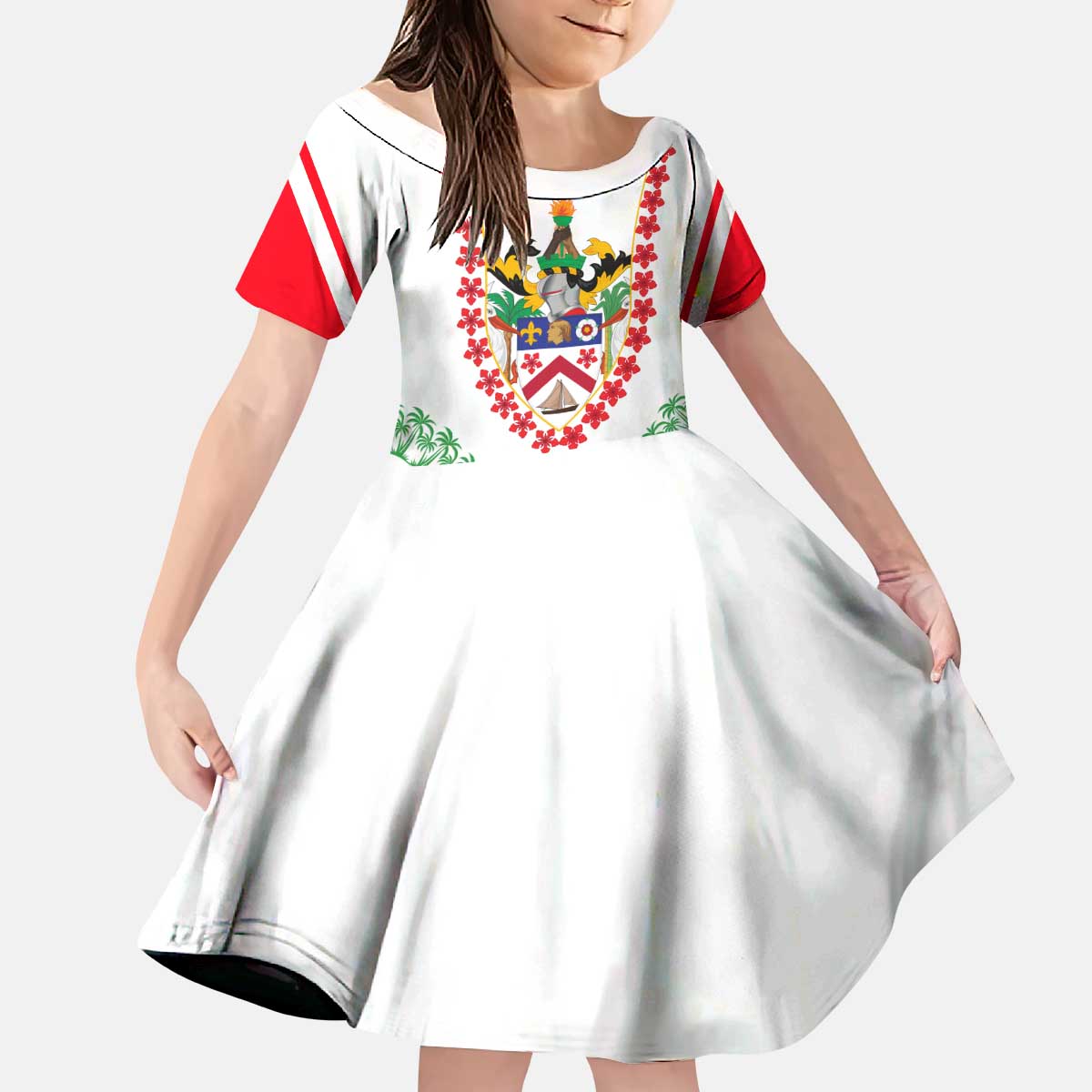 Saint Kitts and Nevis Kid Short Sleeve Dress with Vibrant Flag Colors and Hibiscus Flower Design - Wonder Print Shop