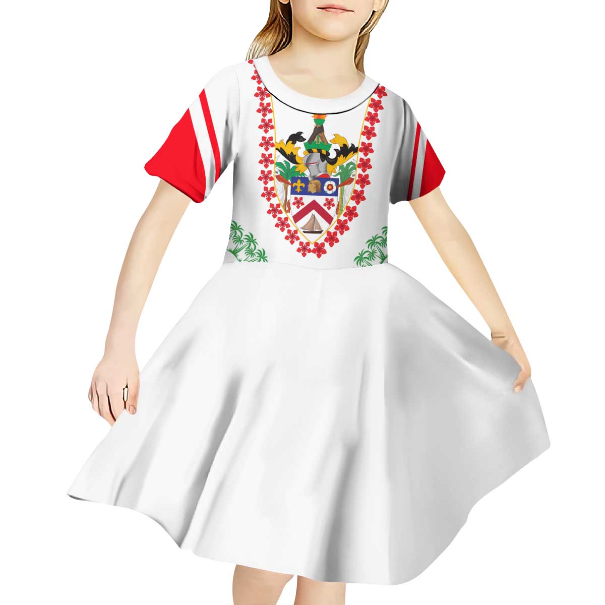 Saint Kitts and Nevis Kid Short Sleeve Dress with Vibrant Flag Colors and Hibiscus Flower Design - Wonder Print Shop
