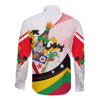 Saint Kitts and Nevis Long Sleeve Button Shirt with Vibrant Flag Colors and Hibiscus Flower Design - Wonder Print Shop