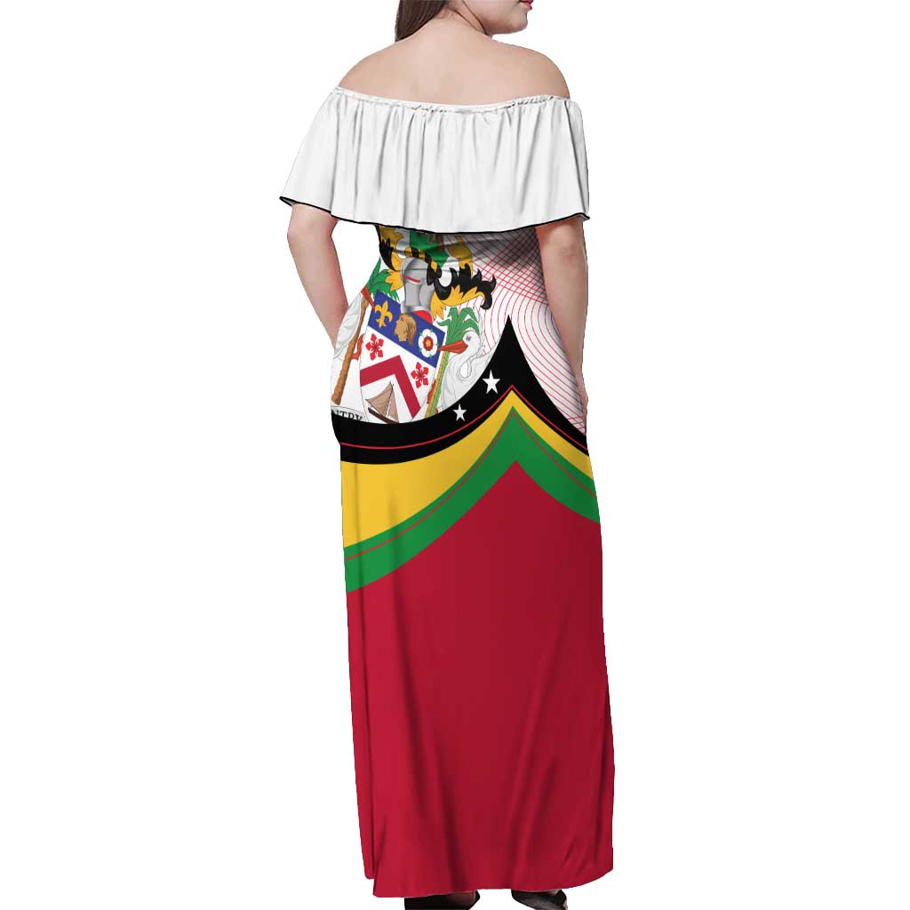Saint Kitts and Nevis Off Shoulder Maxi Dress with Vibrant Flag Colors and Hibiscus Flower Design - Wonder Print Shop