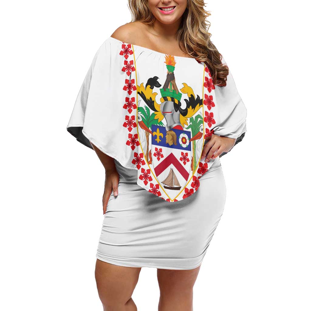 Saint Kitts and Nevis Off Shoulder Short Dress with Vibrant Flag Colors and Hibiscus Flower Design - Wonder Print Shop
