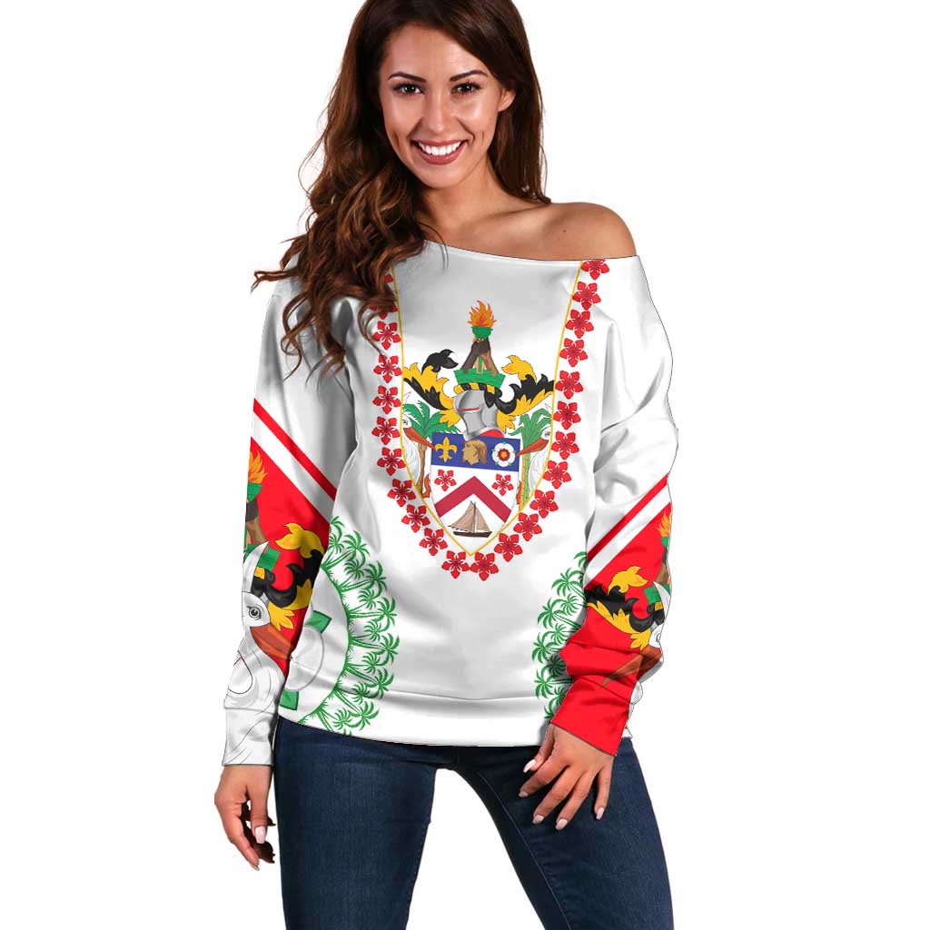 Saint Kitts and Nevis Off Shoulder Sweater with Vibrant Flag Colors and Hibiscus Flower Design - Wonder Print Shop