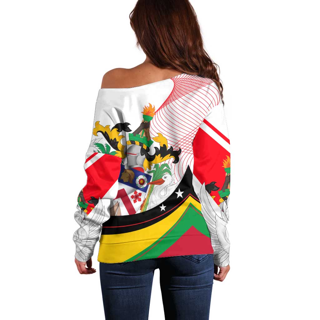 Saint Kitts and Nevis Off Shoulder Sweater with Vibrant Flag Colors and Hibiscus Flower Design - Wonder Print Shop