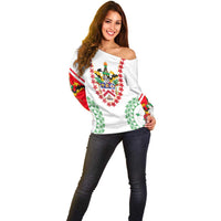 Saint Kitts and Nevis Off Shoulder Sweater with Vibrant Flag Colors and Hibiscus Flower Design - Wonder Print Shop