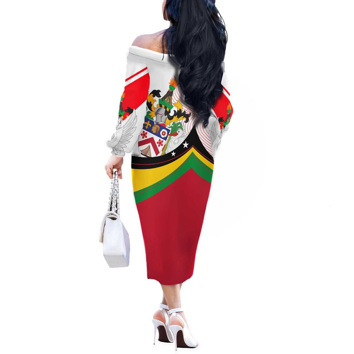 Saint Kitts and Nevis Off The Shoulder Long Sleeve Dress with Vibrant Flag Colors and Hibiscus Flower Design - Wonder Print Shop