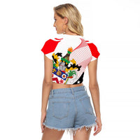 Saint Kitts and Nevis Raglan Cropped T Shirt with Vibrant Flag Colors and Hibiscus Flower Design - Wonder Print Shop