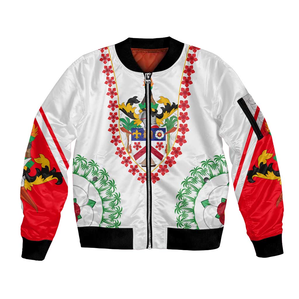 Saint Kitts and Nevis Sleeve Zip Bomber Jacket with Vibrant Flag Colors and Hibiscus Flower Design - Wonder Print Shop