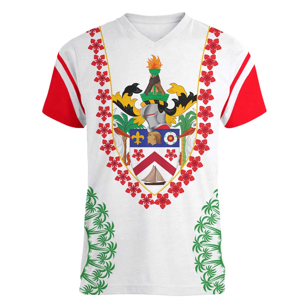 Saint Kitts and Nevis Women V-Neck T-Shirt with Vibrant Flag Colors and Hibiscus Flower Design - Wonder Print Shop