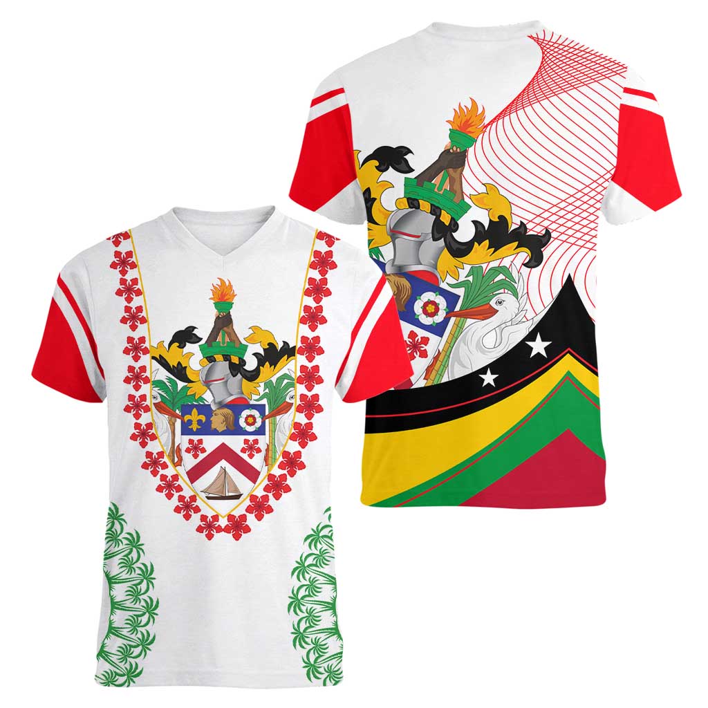 Saint Kitts and Nevis Women V-Neck T-Shirt with Vibrant Flag Colors and Hibiscus Flower Design - Wonder Print Shop