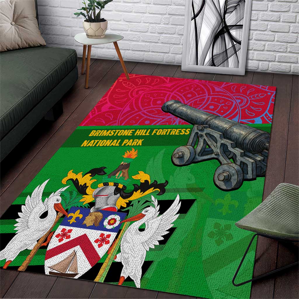 Saint Kitts and Nevis Apparel Area Rug with National Coat of Arms and Cannon Graphic in Red and Green Cultural Pattern Design - Wonder Print Shop