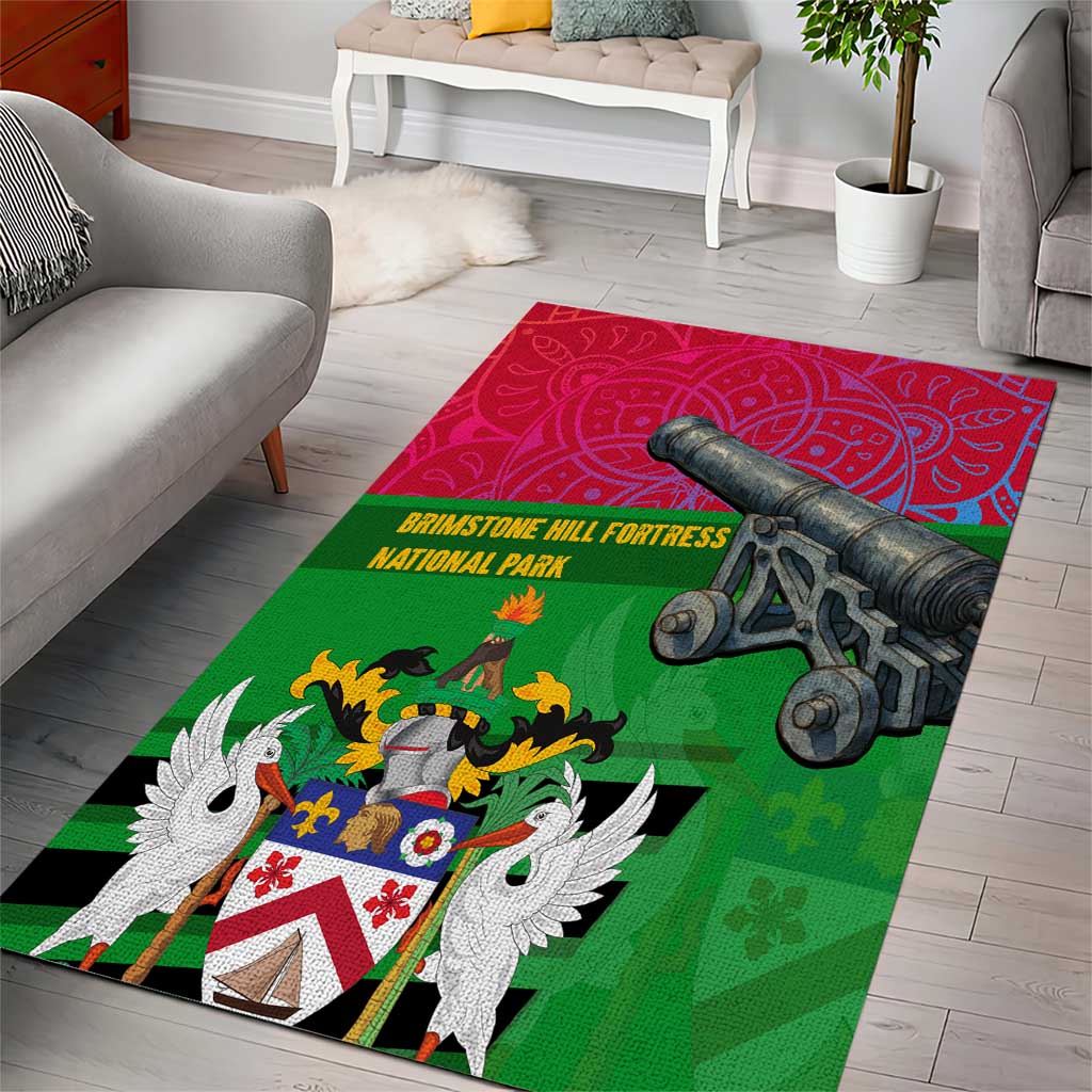Saint Kitts and Nevis Apparel Area Rug with National Coat of Arms and Cannon Graphic in Red and Green Cultural Pattern Design - Wonder Print Shop