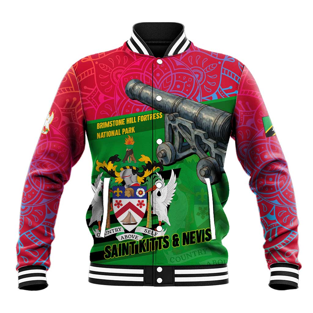 Saint Kitts and Nevis Apparel Baseball Jacket with National Coat of Arms and Cannon Graphic in Red and Green Cultural Pattern Design - Wonder Print Shop