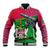 Saint Kitts and Nevis Apparel Baseball Jacket with National Coat of Arms and Cannon Graphic in Red and Green Cultural Pattern Design - Wonder Print Shop