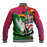 Saint Kitts and Nevis Apparel Baseball Jacket with National Coat of Arms and Cannon Graphic in Red and Green Cultural Pattern Design - Wonder Print Shop
