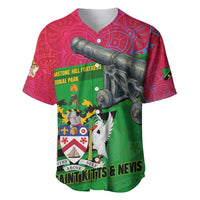 Saint Kitts and Nevis Apparel Baseball Jersey with National Coat of Arms and Cannon Graphic in Red and Green Cultural Pattern Design - Wonder Print Shop