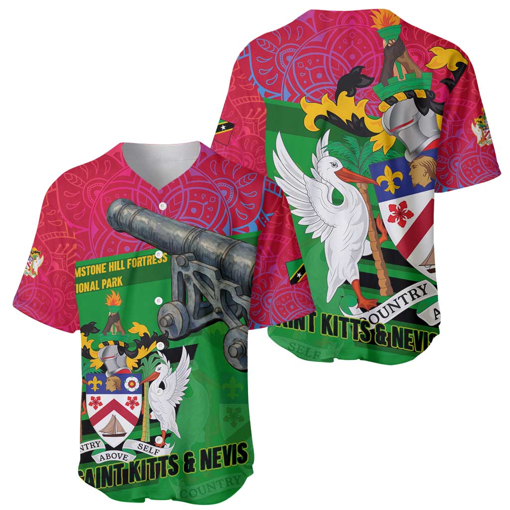 Saint Kitts and Nevis Apparel Baseball Jersey with National Coat of Arms and Cannon Graphic in Red and Green Cultural Pattern Design - Wonder Print Shop