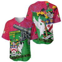 Saint Kitts and Nevis Apparel Baseball Jersey with National Coat of Arms and Cannon Graphic in Red and Green Cultural Pattern Design - Wonder Print Shop