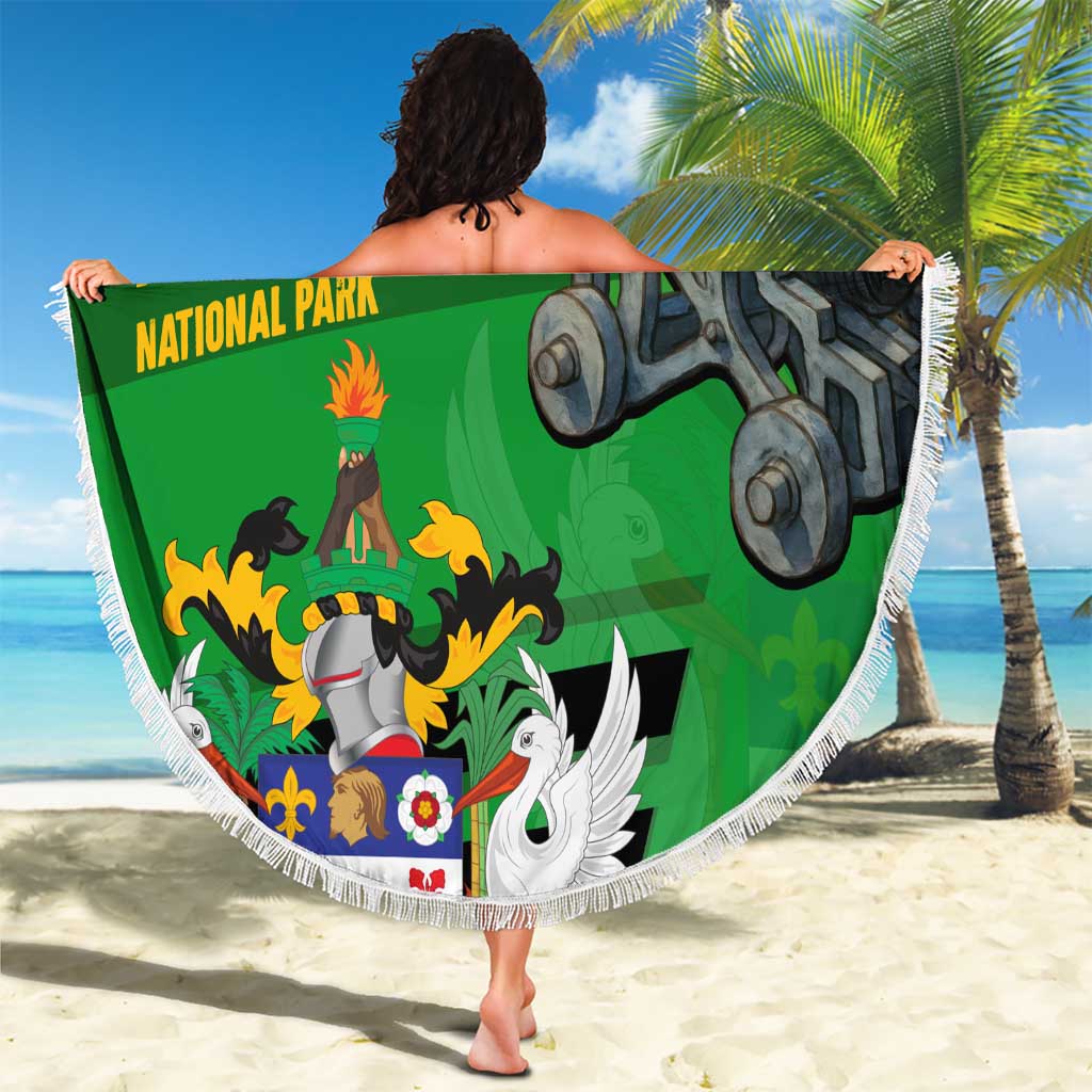 Saint Kitts and Nevis Apparel Beach Blanket with National Coat of Arms and Cannon Graphic in Red and Green Cultural Pattern Design - Wonder Print Shop