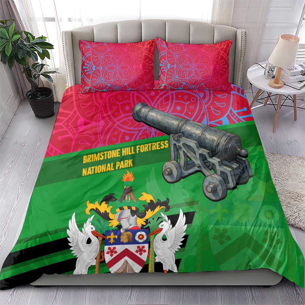 Saint Kitts and Nevis Apparel Bedding Set with National Coat of Arms and Cannon Graphic in Red and Green Cultural Pattern Design - Wonder Print Shop