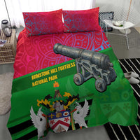 Saint Kitts and Nevis Apparel Bedding Set with National Coat of Arms and Cannon Graphic in Red and Green Cultural Pattern Design - Wonder Print Shop