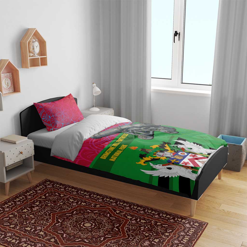 Saint Kitts and Nevis Apparel Bedding Set with National Coat of Arms and Cannon Graphic in Red and Green Cultural Pattern Design - Wonder Print Shop