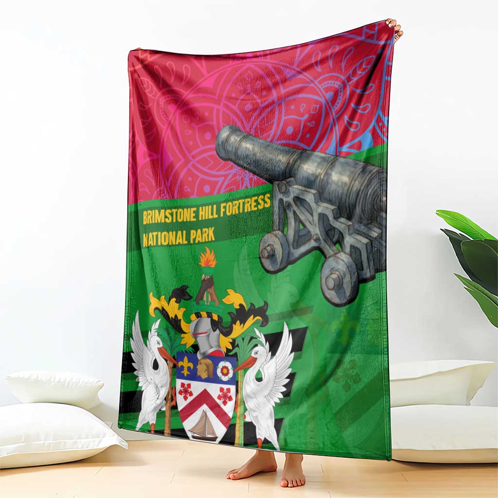 Saint Kitts and Nevis Apparel Blanket with National Coat of Arms and Cannon Graphic in Red and Green Cultural Pattern Design - Wonder Print Shop