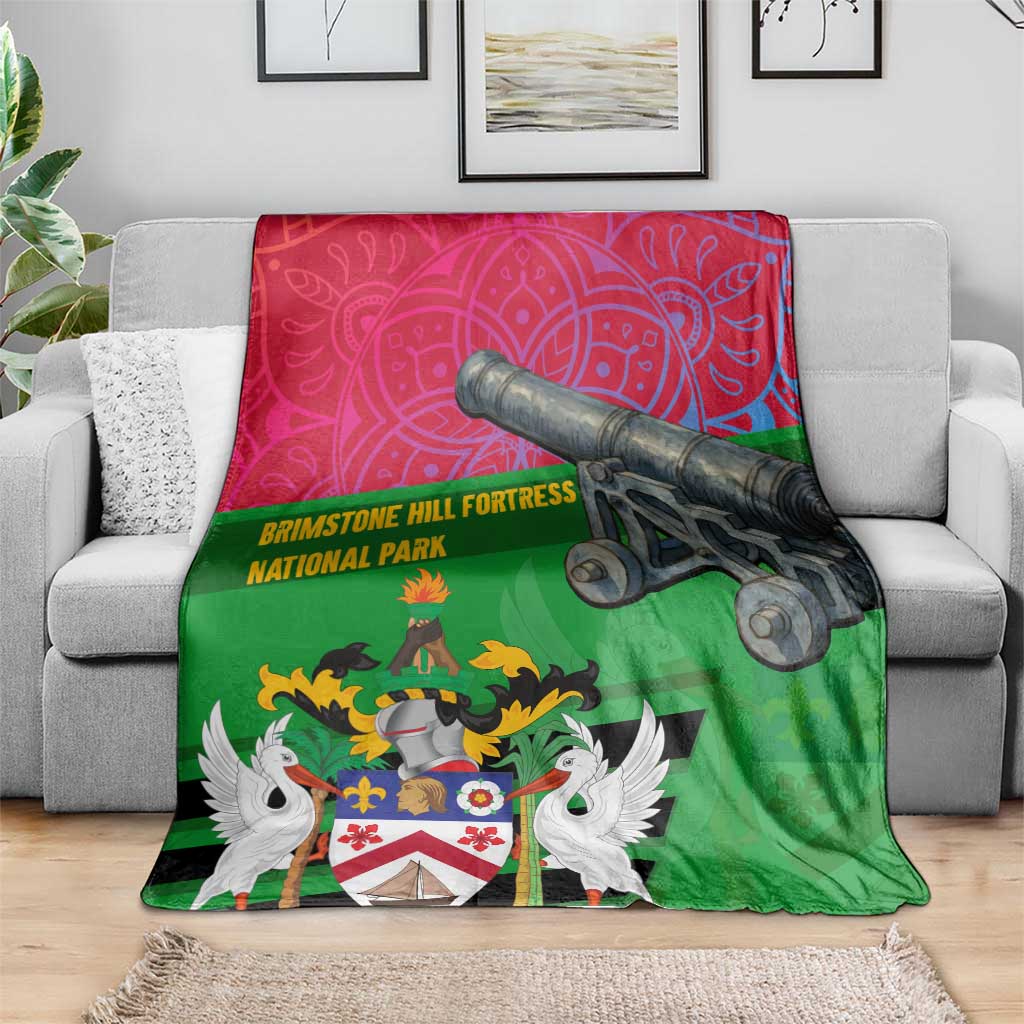 Saint Kitts and Nevis Apparel Blanket with National Coat of Arms and Cannon Graphic in Red and Green Cultural Pattern Design - Wonder Print Shop