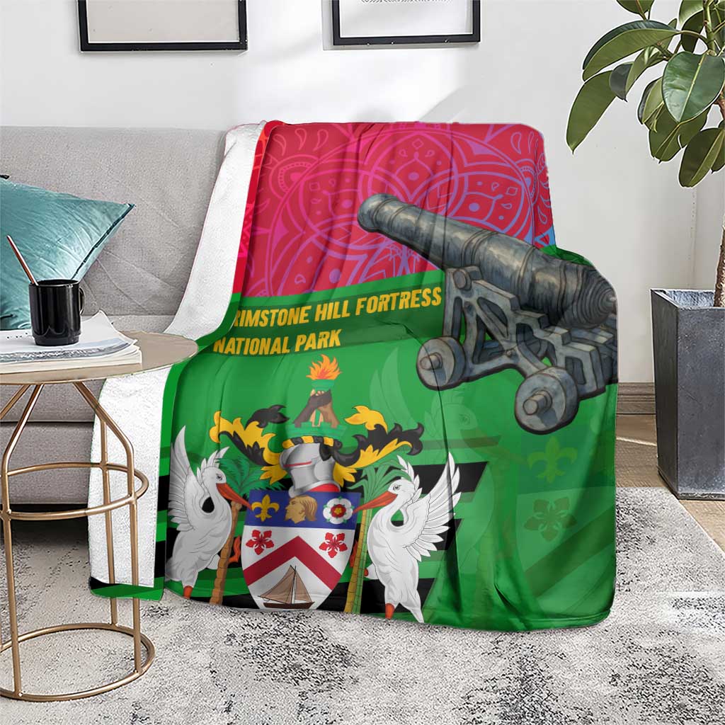 Saint Kitts and Nevis Apparel Blanket with National Coat of Arms and Cannon Graphic in Red and Green Cultural Pattern Design - Wonder Print Shop