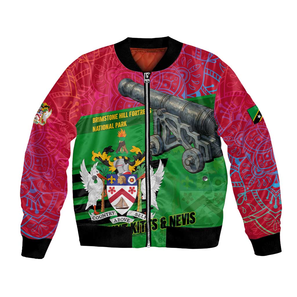 Saint Kitts and Nevis Apparel Bomber Jacket with National Coat of Arms and Cannon Graphic in Red and Green Cultural Pattern Design - Wonder Print Shop