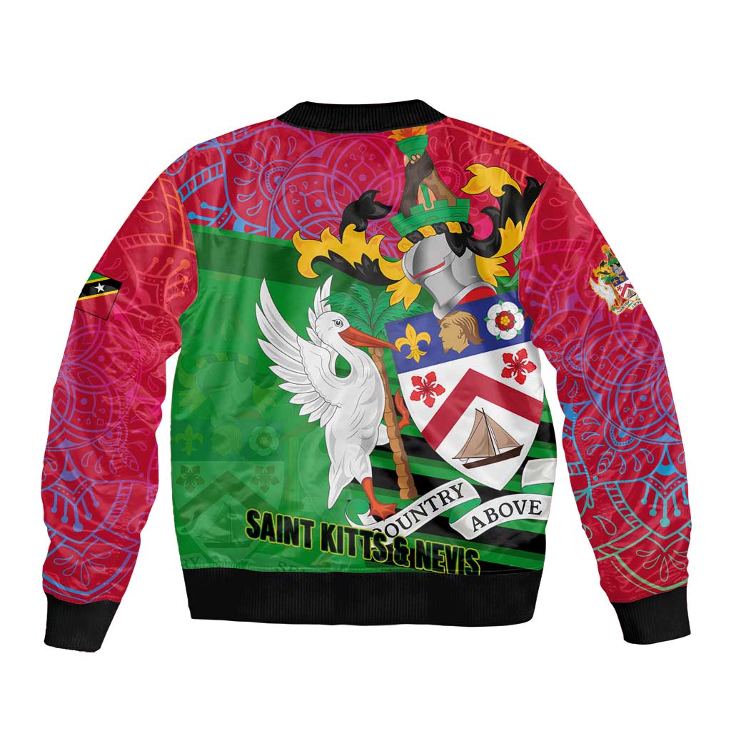 Saint Kitts and Nevis Apparel Bomber Jacket with National Coat of Arms and Cannon Graphic in Red and Green Cultural Pattern Design - Wonder Print Shop