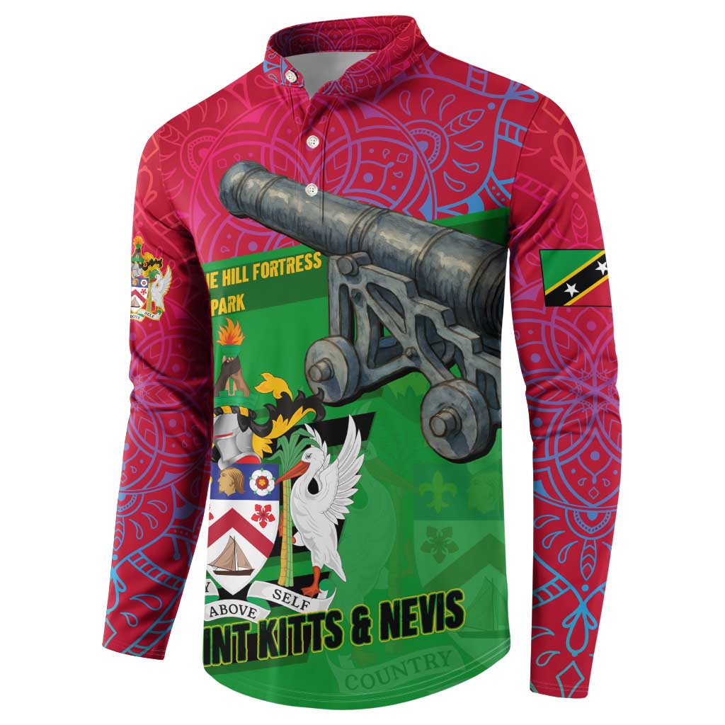 Saint Kitts and Nevis Apparel Button Sweatshirt with National Coat of Arms and Cannon Graphic in Red and Green Cultural Pattern Design - Wonder Print Shop