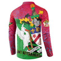 Saint Kitts and Nevis Apparel Button Sweatshirt with National Coat of Arms and Cannon Graphic in Red and Green Cultural Pattern Design - Wonder Print Shop