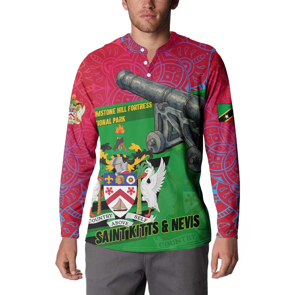 Saint Kitts and Nevis Apparel Button Sweatshirt with National Coat of Arms and Cannon Graphic in Red and Green Cultural Pattern Design - Wonder Print Shop