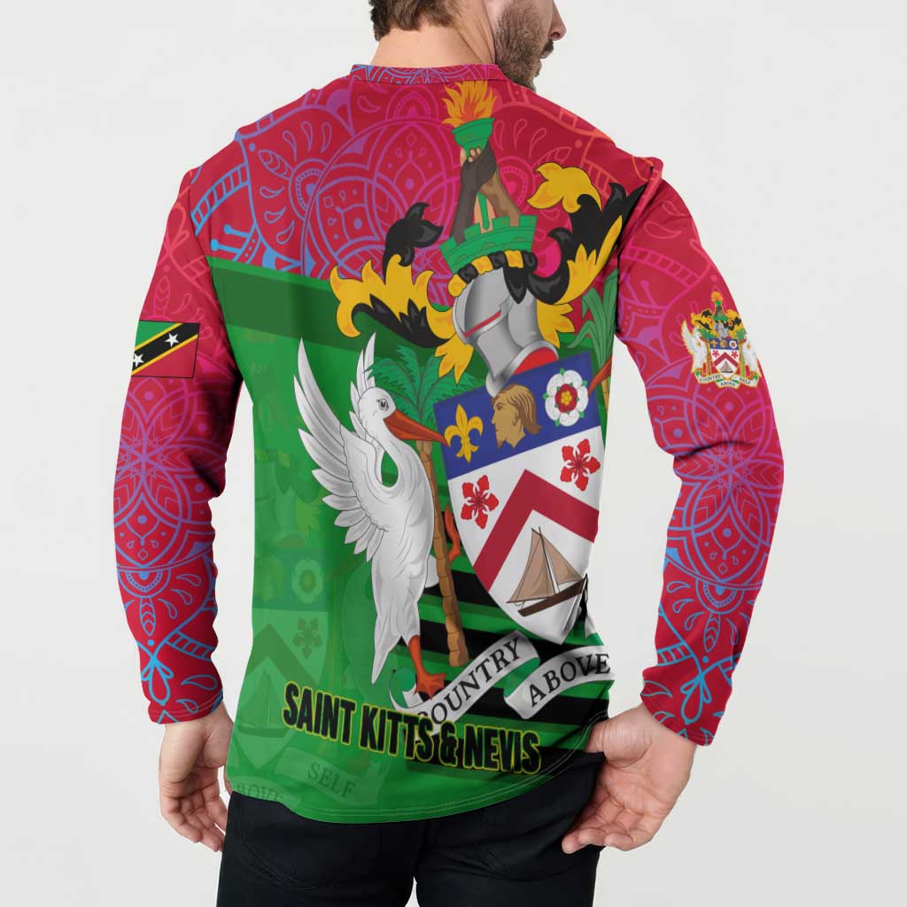 Saint Kitts and Nevis Apparel Button Sweatshirt with National Coat of Arms and Cannon Graphic in Red and Green Cultural Pattern Design - Wonder Print Shop