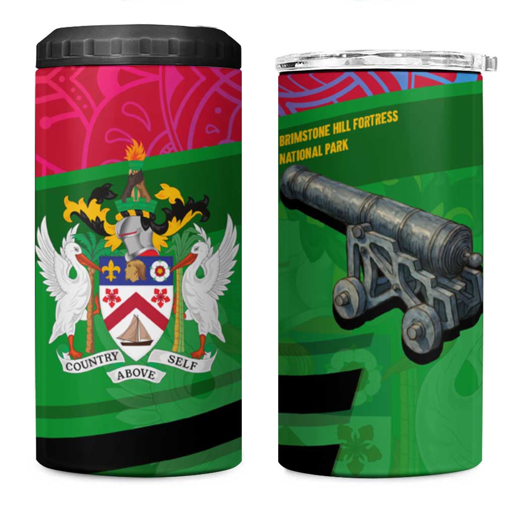 Saint Kitts and Nevis Apparel 4 in 1 Can Cooler Tumbler with National Coat of Arms and Cannon Graphic in Red and Green Cultural Pattern Design - Wonder Print Shop