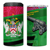 Saint Kitts and Nevis Apparel 4 in 1 Can Cooler Tumbler with National Coat of Arms and Cannon Graphic in Red and Green Cultural Pattern Design - Wonder Print Shop