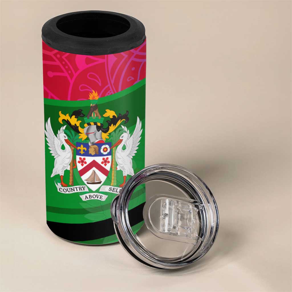 Saint Kitts and Nevis Apparel 4 in 1 Can Cooler Tumbler with National Coat of Arms and Cannon Graphic in Red and Green Cultural Pattern Design - Wonder Print Shop