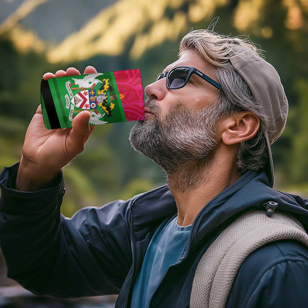 Saint Kitts and Nevis Apparel 4 in 1 Can Cooler Tumbler with National Coat of Arms and Cannon Graphic in Red and Green Cultural Pattern Design - Wonder Print Shop