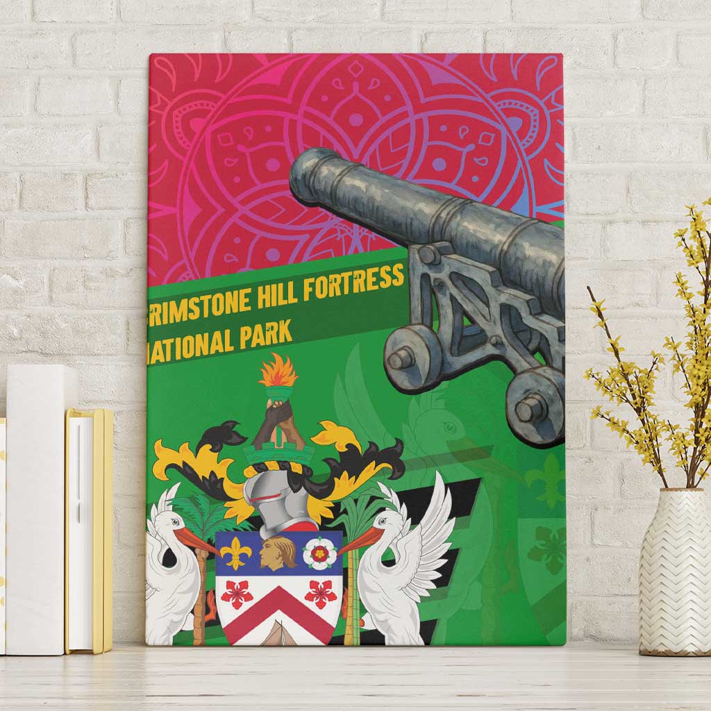 Saint Kitts and Nevis Apparel Canvas Wall Art with National Coat of Arms and Cannon Graphic in Red and Green Cultural Pattern Design - Wonder Print Shop