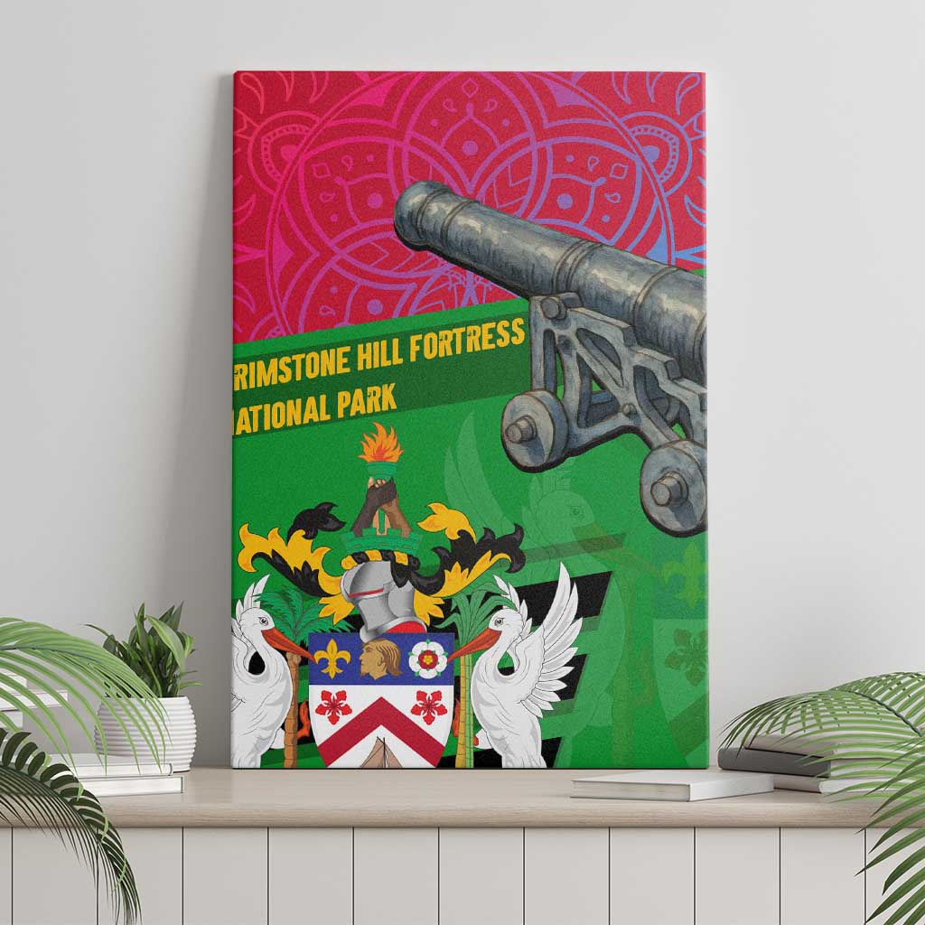 Saint Kitts and Nevis Apparel Canvas Wall Art with National Coat of Arms and Cannon Graphic in Red and Green Cultural Pattern Design - Wonder Print Shop