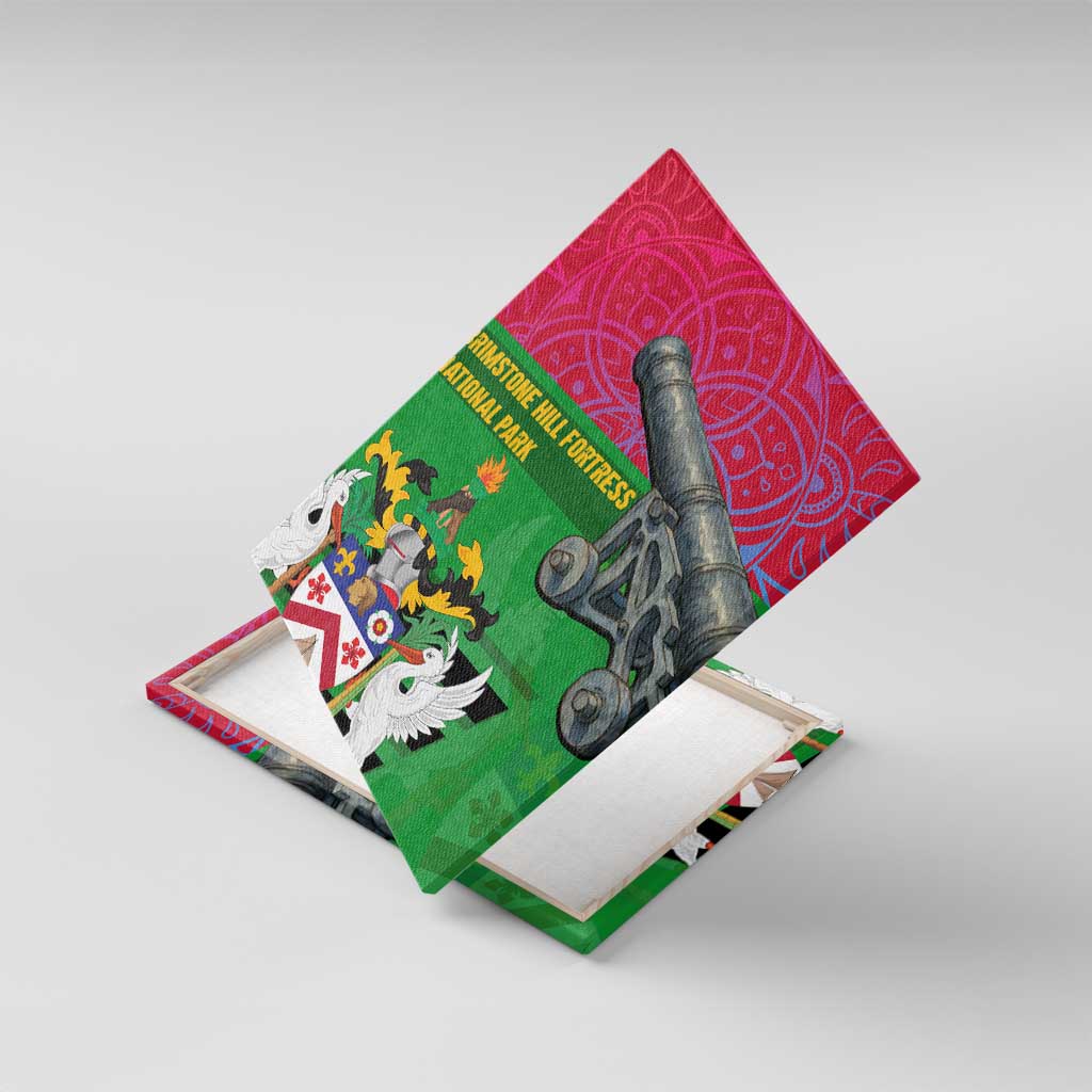 Saint Kitts and Nevis Apparel Canvas Wall Art with National Coat of Arms and Cannon Graphic in Red and Green Cultural Pattern Design - Wonder Print Shop