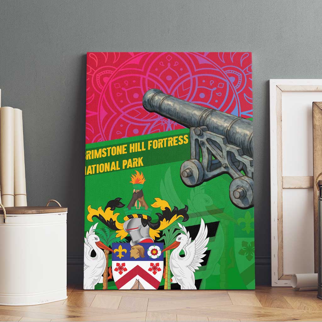 Saint Kitts and Nevis Apparel Canvas Wall Art with National Coat of Arms and Cannon Graphic in Red and Green Cultural Pattern Design - Wonder Print Shop