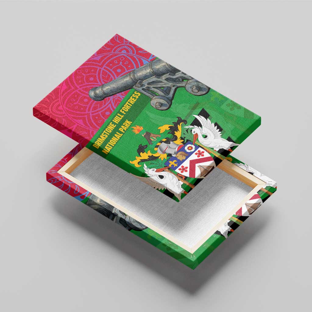 Saint Kitts and Nevis Apparel Canvas Wall Art with National Coat of Arms and Cannon Graphic in Red and Green Cultural Pattern Design - Wonder Print Shop