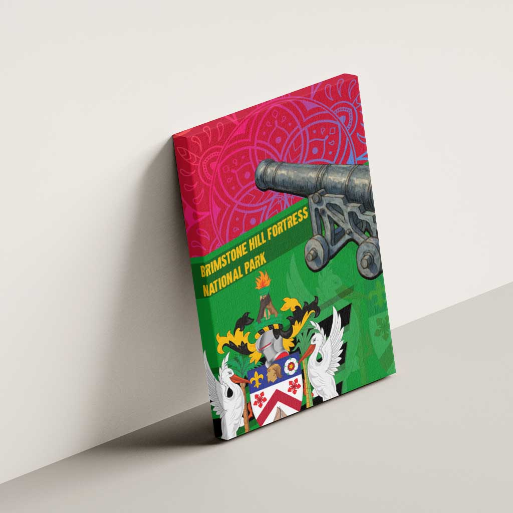 Saint Kitts and Nevis Apparel Canvas Wall Art with National Coat of Arms and Cannon Graphic in Red and Green Cultural Pattern Design - Wonder Print Shop